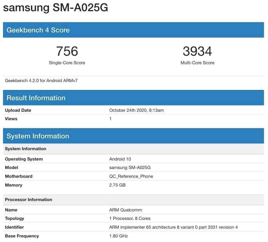 Samsung Galaxy A02s (SM-A025G) spotted on GeekBench