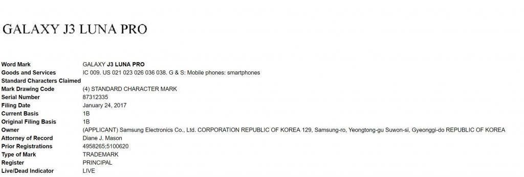 "Galaxy J3 Luna Pro" name gets trademarked by Samsung