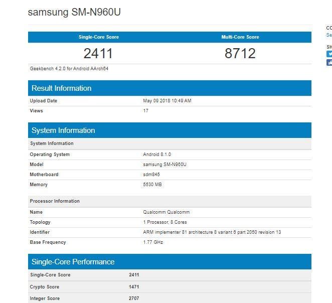 Galaxy Note 9 spotted on Geekbench, still no hopes for an in-display fingerprint sensor