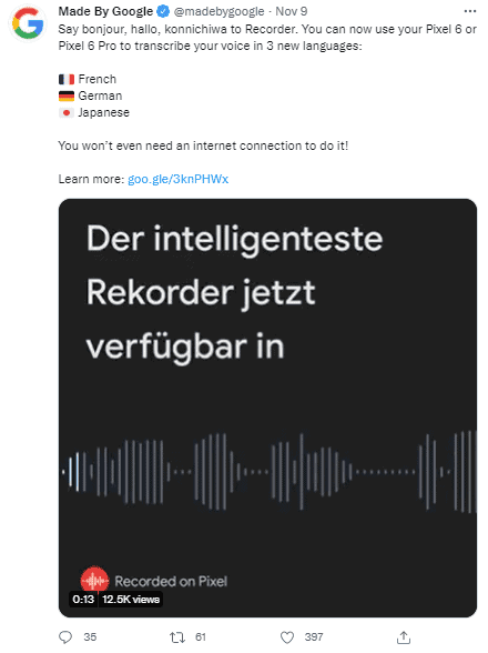 Google Pixel 6/Pro can transcribe to these languages without internet