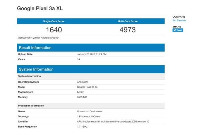 Google Pixel 3 Lite XL caught on Geekbench with a different name and 4 GB of RAM
