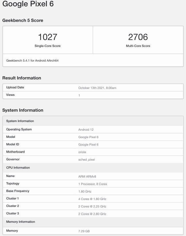 Google Pixel 6 with the new Tensor Chip & 8GB RAM appears on Geekbench
