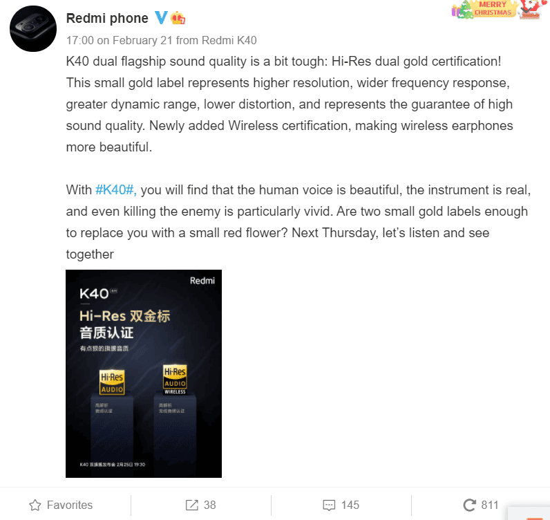 Redmi K40 gets a dual Hi-Res gold certification