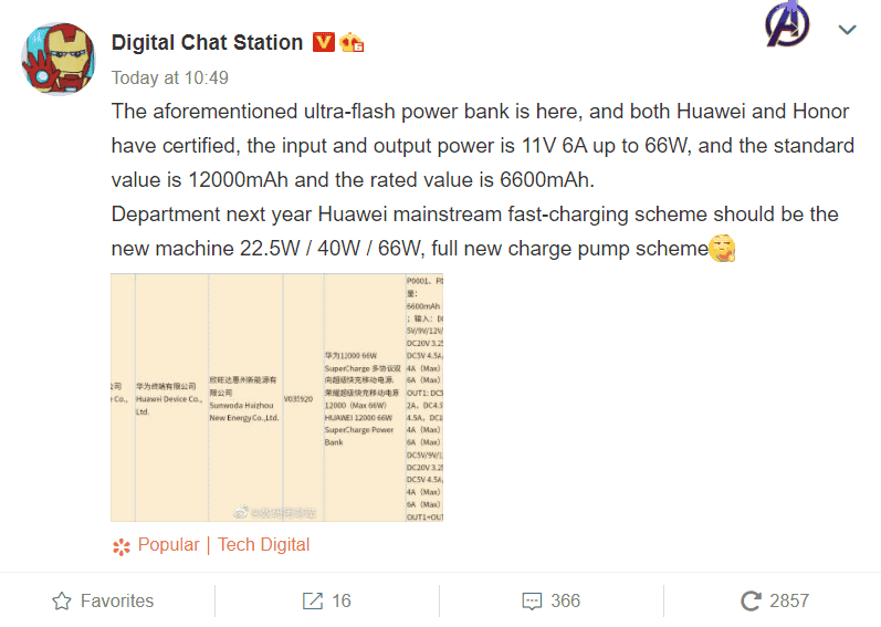 Huawei and Honor 66W ultra-flash power bank gets 3C certification