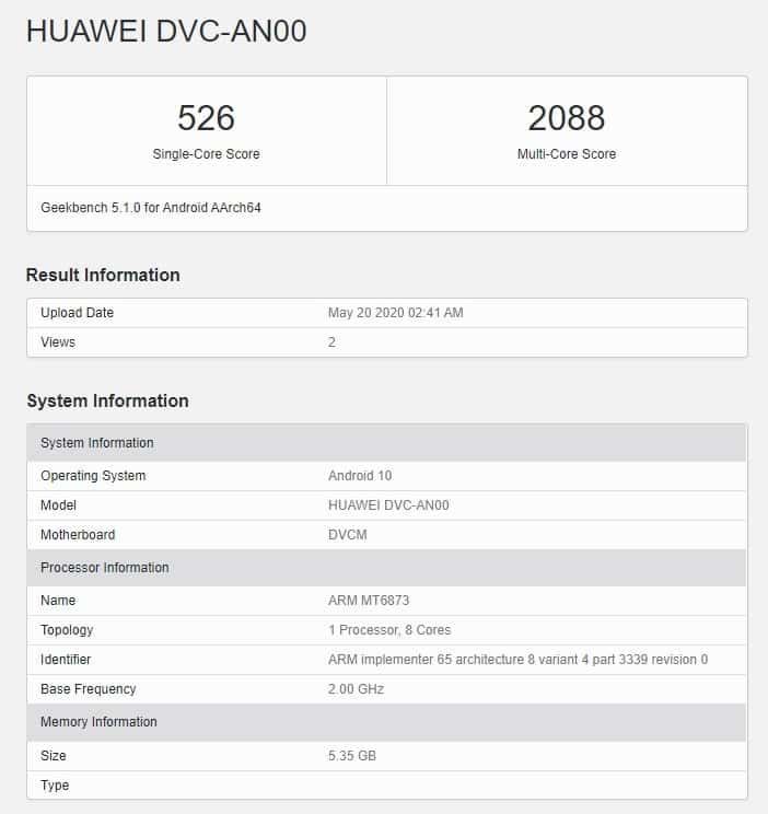 New Huawei phone with Dimensity 800 SoC appears on GeekBench