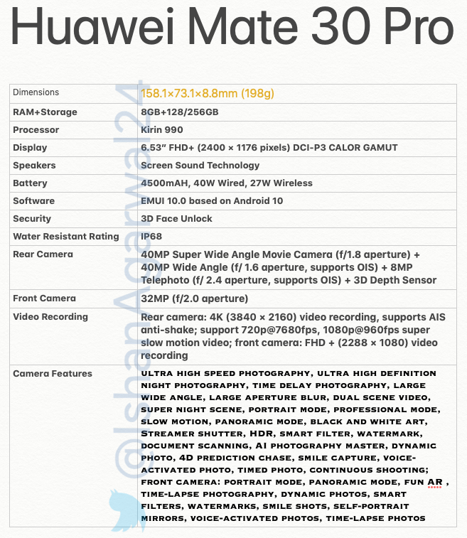 Huawei Mate 30 & Mate 30 Pro complete specs sheet appears online