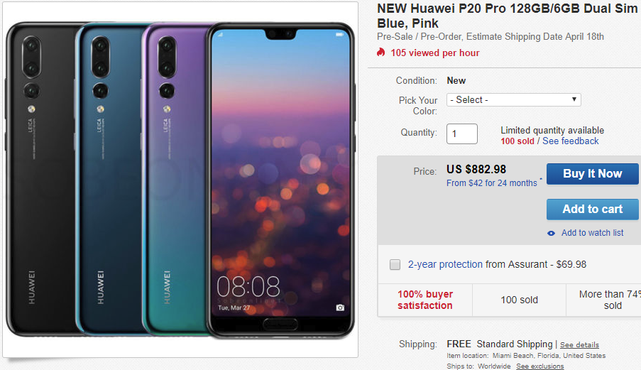 e-Bay To Sell Huawei P20 Pro To US Users - To Ship April 18