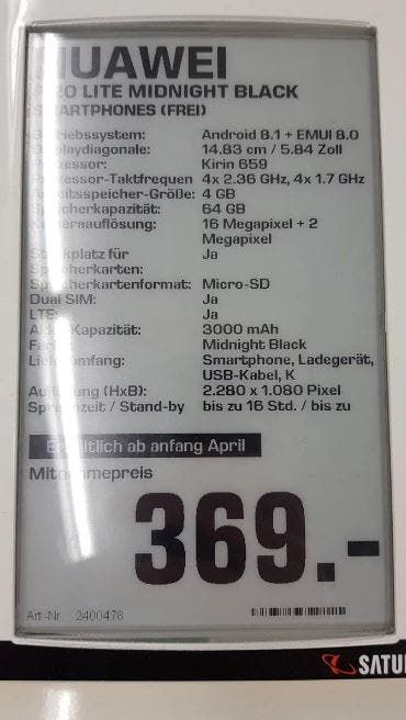 German Retailer Confirms Huawei P20 Full Specs