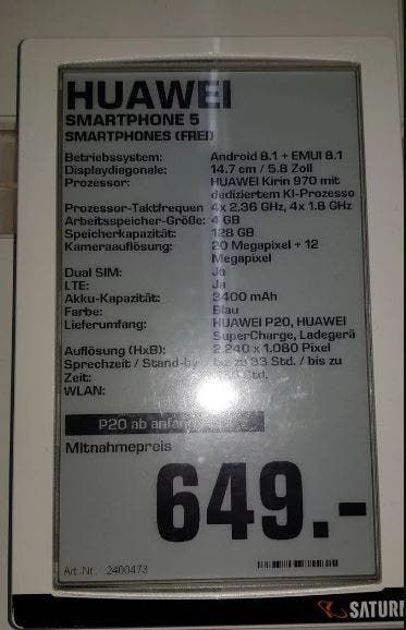 German Retailer Confirms Huawei P20 Full Specs