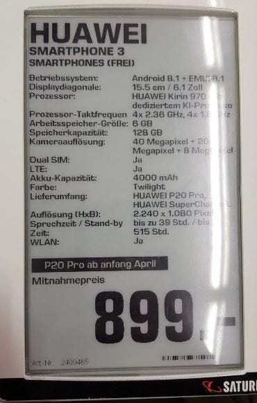 German Retailer Confirms Huawei P20 Full Specs