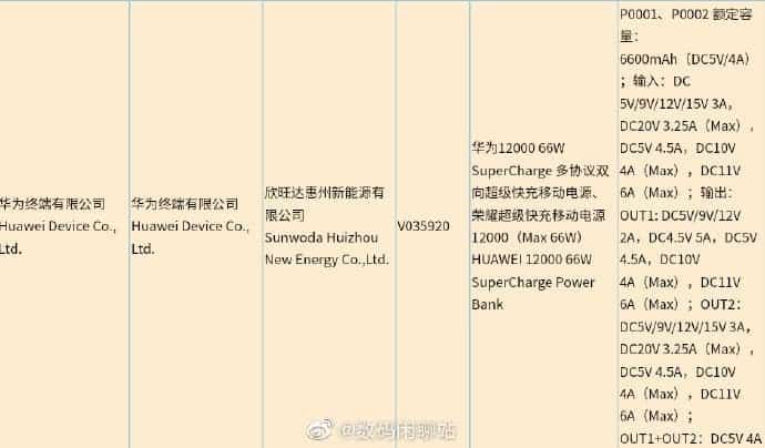 Huawei and Honor 66W ultra-flash power bank gets 3C certification