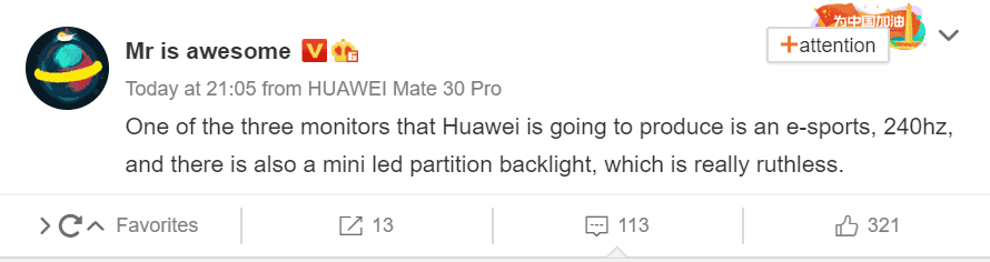 Huawei gaming display to use a 240Hz refresh rate & mini LED partition backlight
