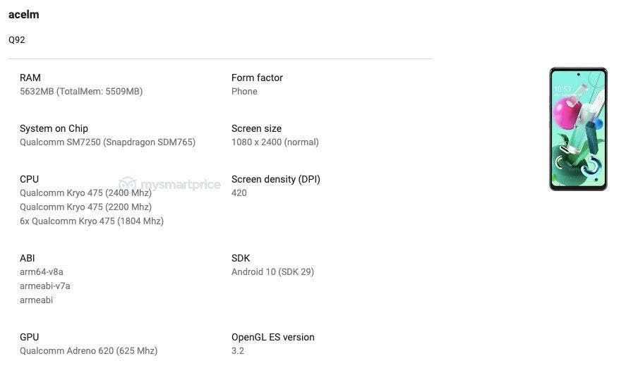 LG Q92 5G smartphone appeared with Snapdragon 765G and 6 GB of RAM