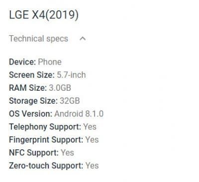 LG X4 (2019) specs leaked in Google listing