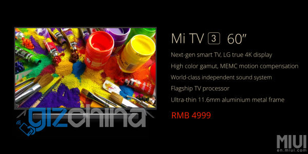 60" Xiaomi Mi TV 3 launched, does 4K for $780