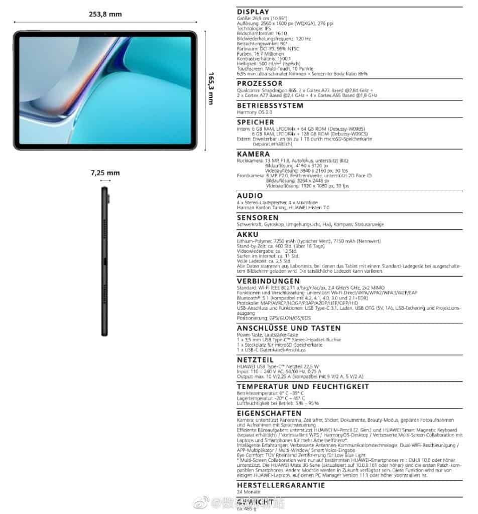 Huawei MatePad 11 full details appear online - to use SD865, HarmonyOS 2.0 & more