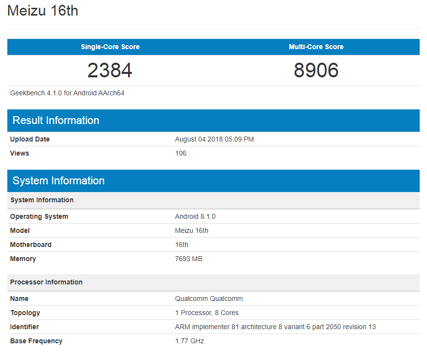 Meizu 16 With 8GB RAM Spotted At GeekBench