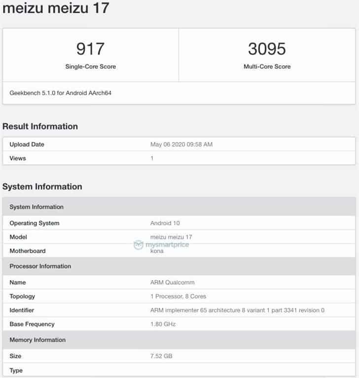 Meizu 17 with Snapdragon 865 & 8GB RAM appears on Geekbench