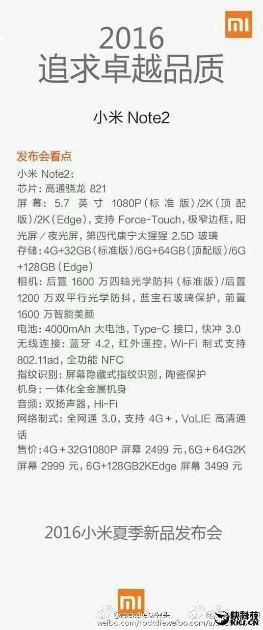 Details of up to 4 Xiaomi Mi Note 2 emerge