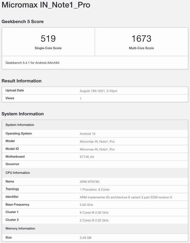 Micromax In Note 1 Pro with MediaTek Helio G90 apears in Geekbench