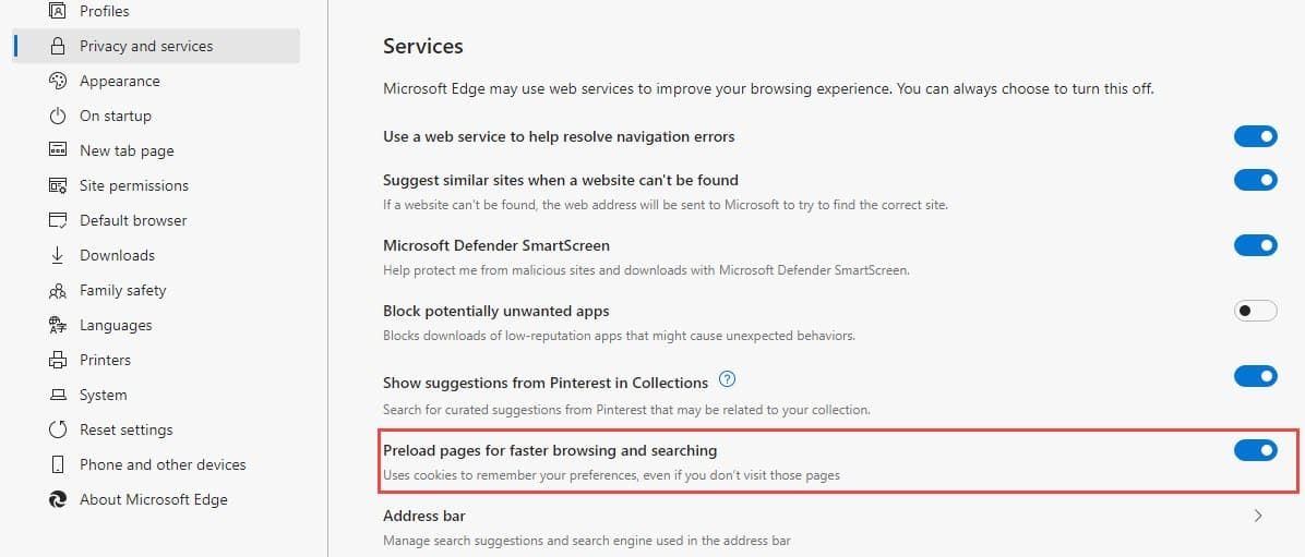 How to disable 'preloading pages' option of Microsoft Edge?