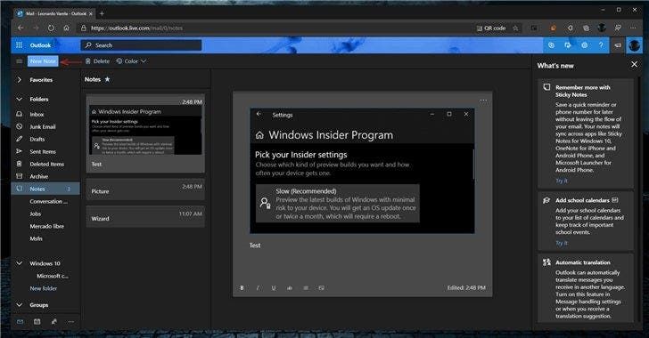 Microsoft Outlook users can create new notes directly in the web version