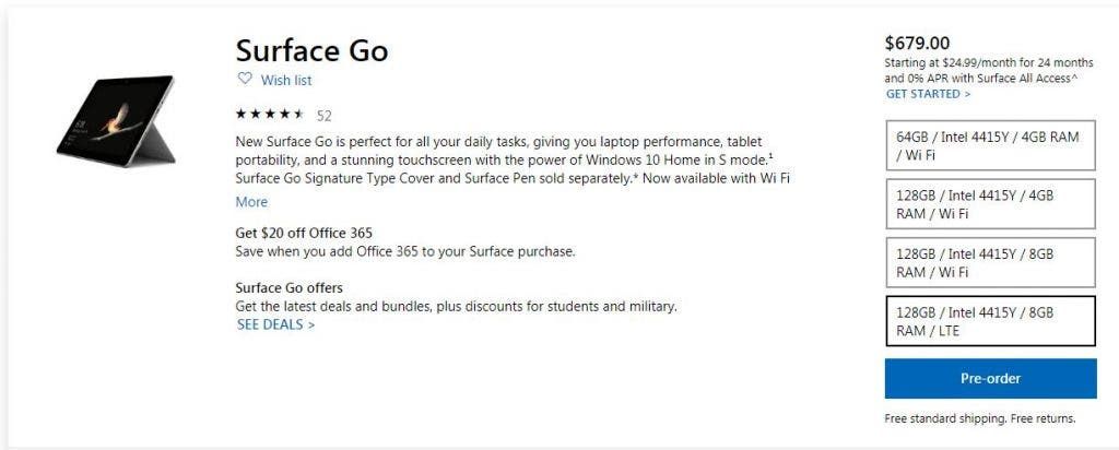 Microsoft Surface Go 4G version released for $679