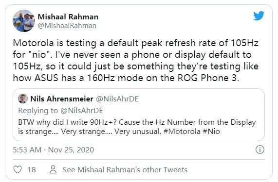 Motorola new flagship to use an unusual 105Hz refresh rate and SD865