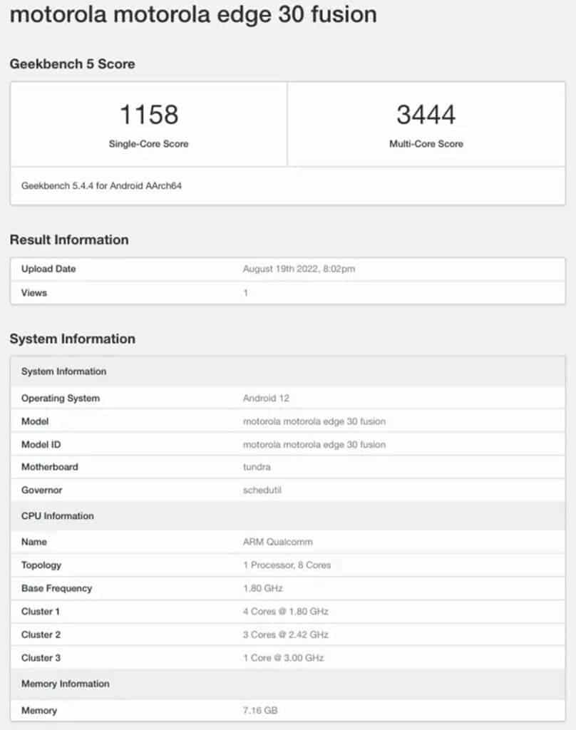 Motorola Edge 30 Fusion gets listed on Geekbench with key specs