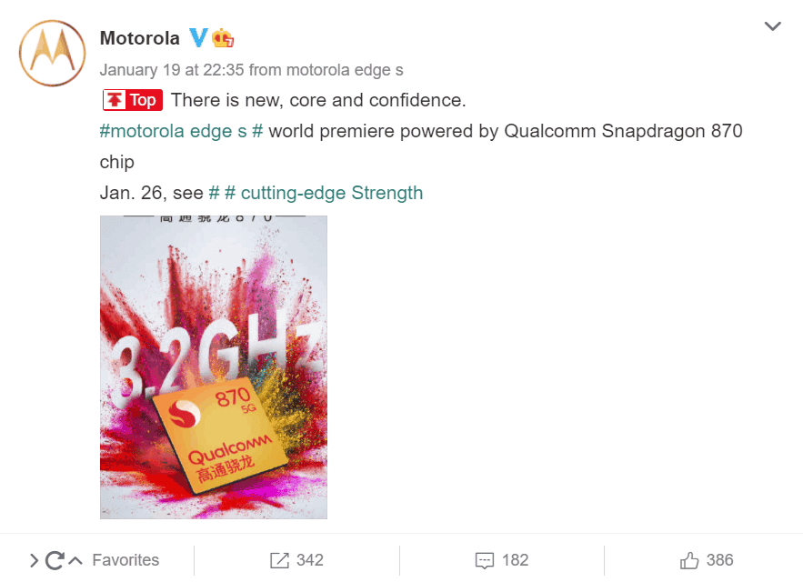 Motorola Edge S with Snapdragon 870 SoC to launch on January 26th