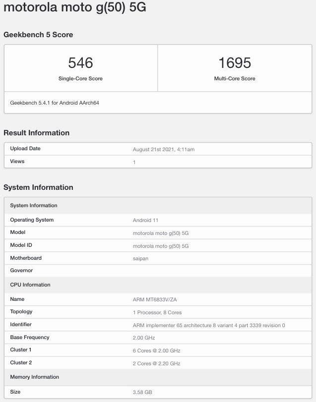 Motorola Moto G50 5G Key Specs Revealed Via Geekbench Listing