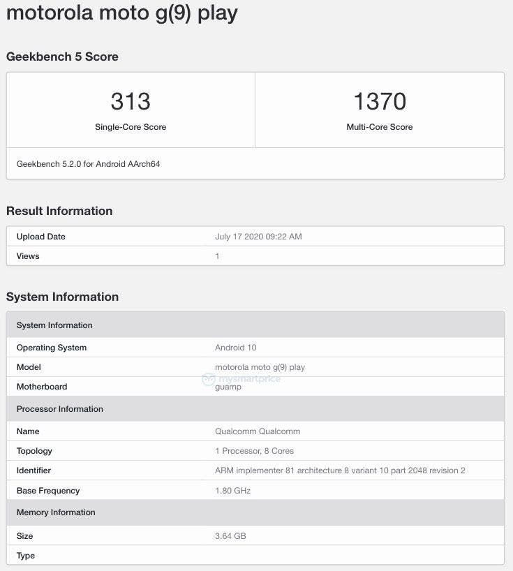 Moto G9 Play is spotted on Geekbench running Snapdragon 662 SoC