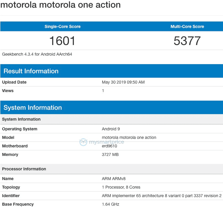 Motorola One Action now appears on Geekbench