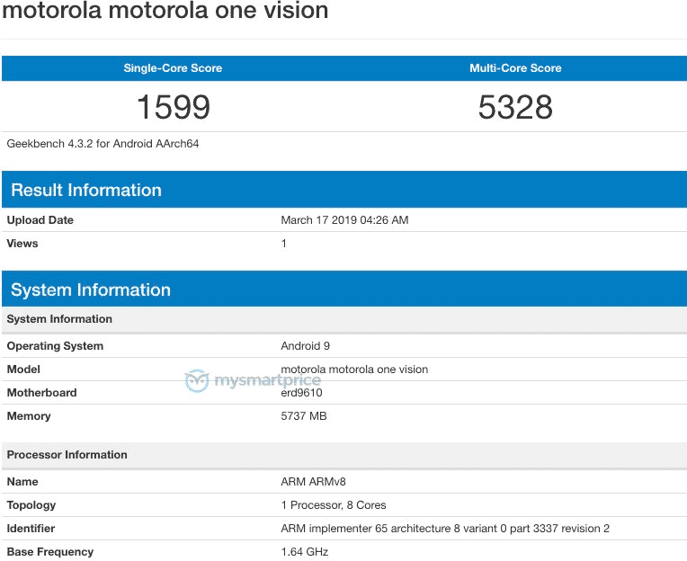 Exynos 9610 powered Motorola One Vision spotted on Geekbench