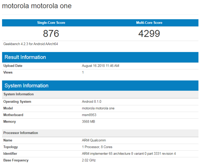 Motorola One with SD 625 surfaces on Geekbench