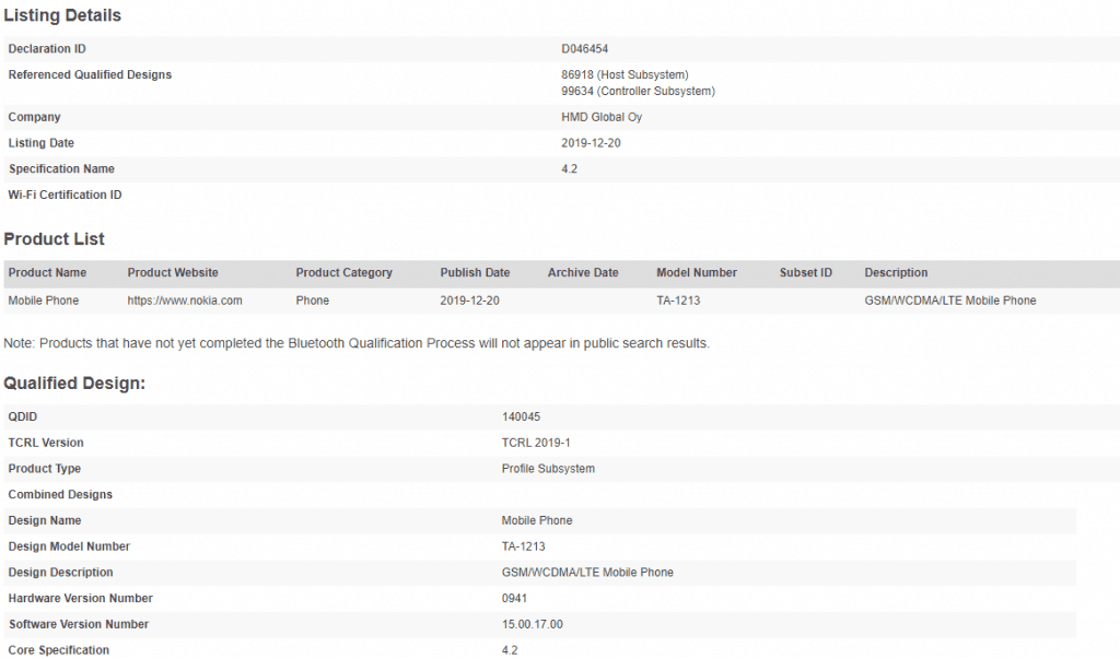 Nokia 1.3 Budget Smartphone with Model Number TA-1213 Receives Bluetooth Certification