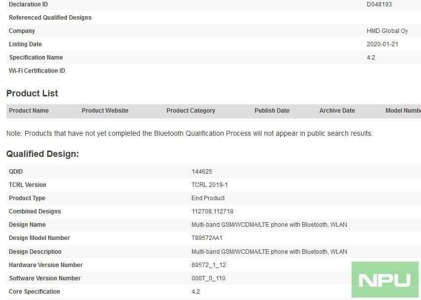 Nokia TA-1207 gets Bluetooth certification