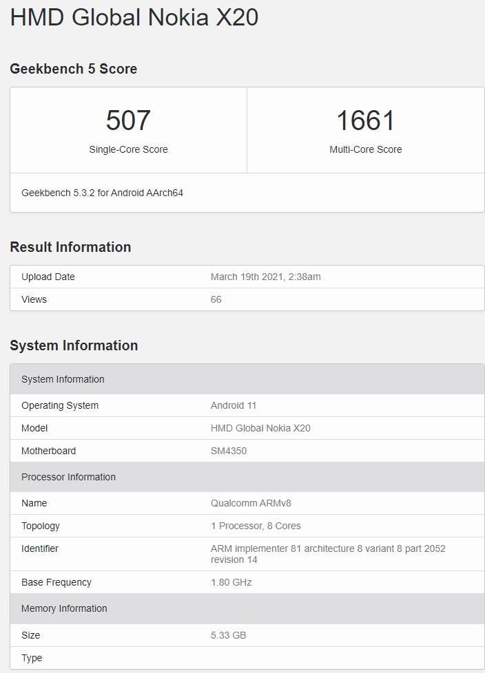 Nokia X20 appears on GeekBench with Snapdragon 480 - to sell for $357