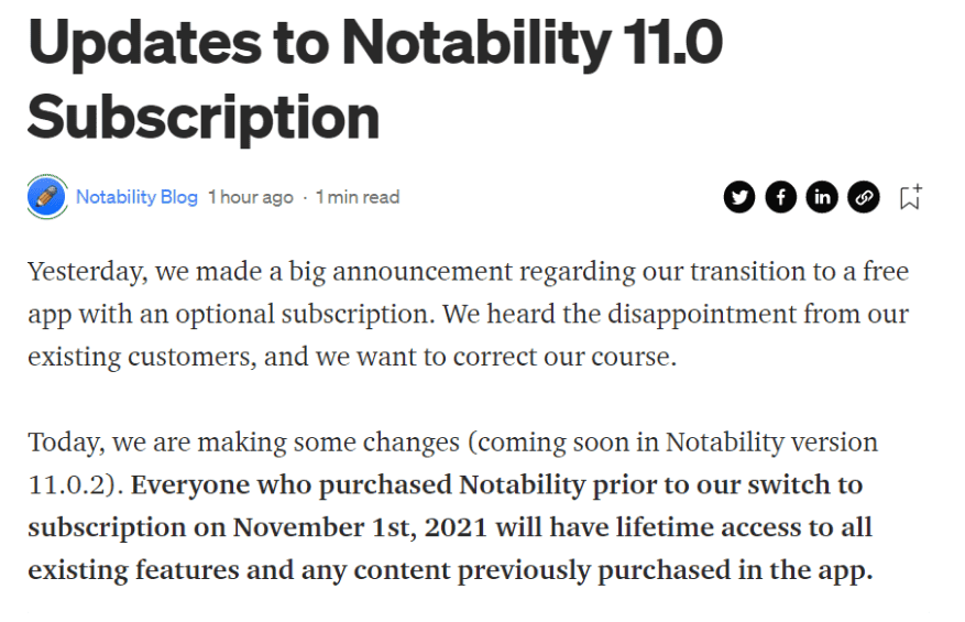Notability gives lifetime access to all existing features for old users