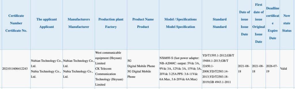 Nubia Red Magic 6S With 120W Fast Charging Spotted On 3C Certification