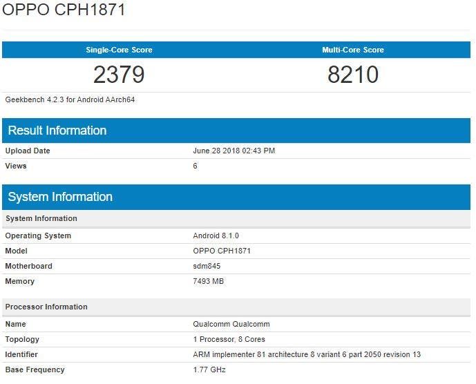 Unknown Oppo  Phone with Snapdragon 845 SoC and 8GB RAM visits Geekbench