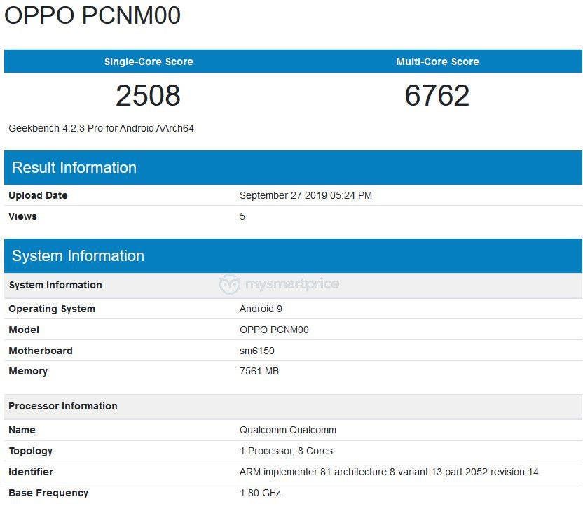 OPPO K5 spotted on Geekbench with Snapdragon 730, 8GB RAM