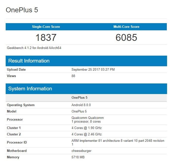 OnePlus 5 spotted on Geekbench running Android 8 Oreo