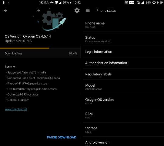 OnePlus 5 gets an OxygenOS 4.5.14 bringing Airtel VoLTE, WPA2 fix and more