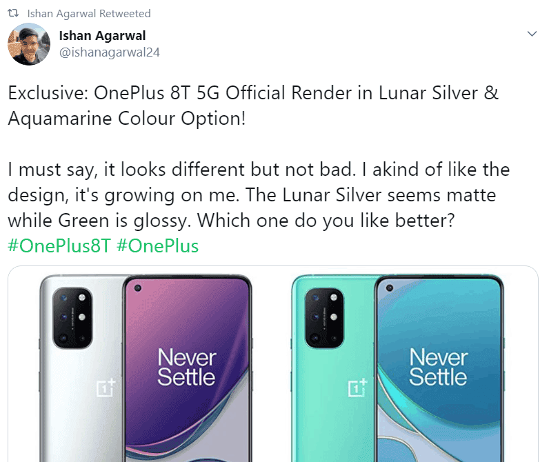 OnePlus 8T Lunar Silver & Aquamarine colour options appear online