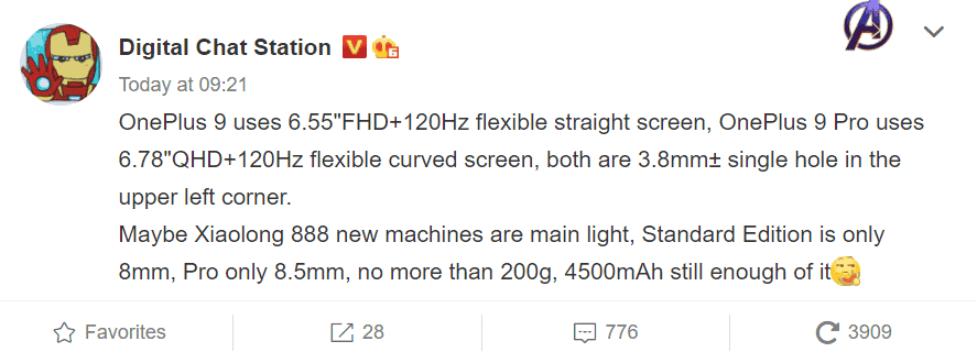 OnePlus 9/9 Pro to use a 120Hz 2K resolution punch-hole screen