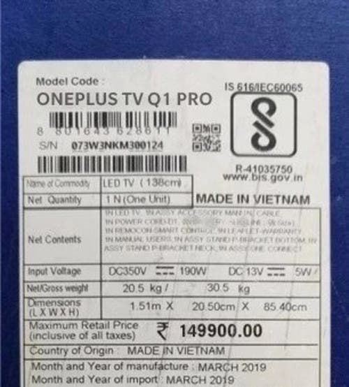 OnePlus TV leak suggests Rs 1,49,990 ($2100) price tag