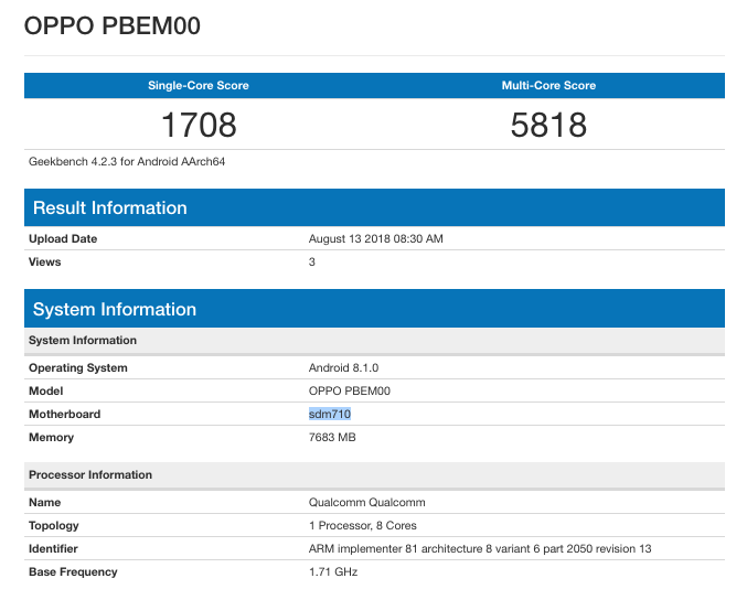 Oppo R17 pro with SD 710 appears on Geekbench