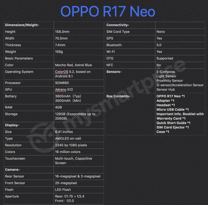 Oppo R17 Neo Specifications Leak Online