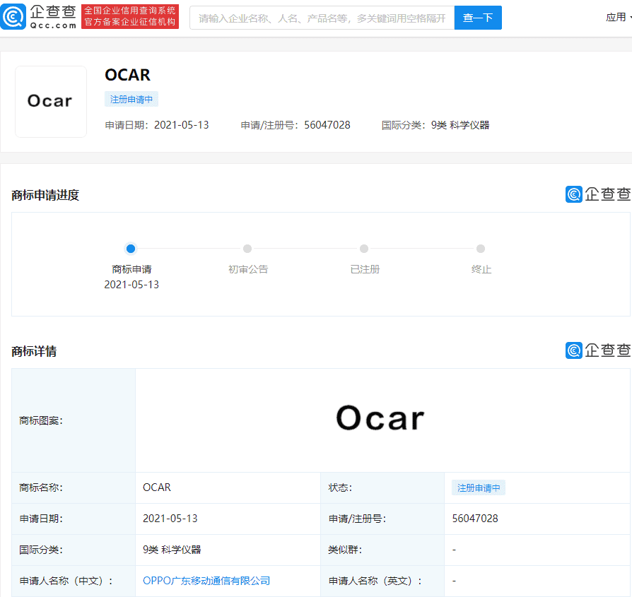 Oppo applies for the "OCAR" trademark